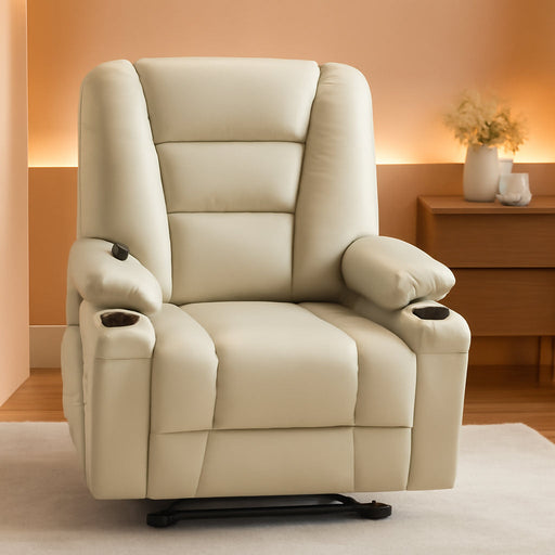 Large Power Lift Recliner Chair with Massage and Heat for Big and Tall Elderly People, Cup Holders, USB Ports, Side Pockets, Faux Leather R7541 (Beige, Large-Wide)