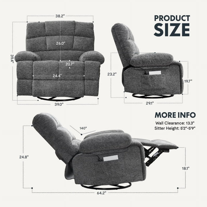 Oversized 360° Swivel Rocking Glider Recliner Chair Massage&Heat Manual Reclining Sofa Large Swivel Rocker Recliner Sofa for Big Man