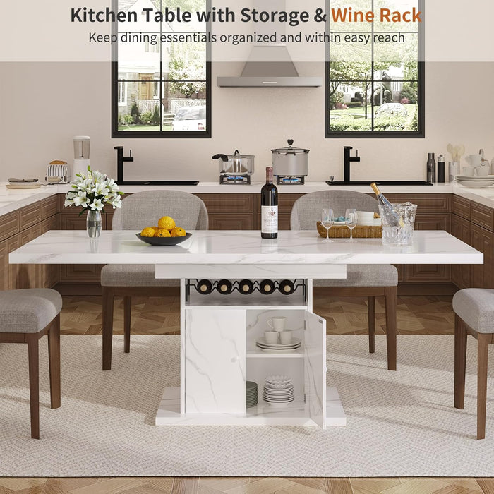Extendable Dining Table for 4-6, 47-63 Inch Faux Marble Rectangle Kitchen Table with Storage Shelves and Wine Rack, Expandable Modern Rectangular Dinner Table for Kitchen, Dining Room, White