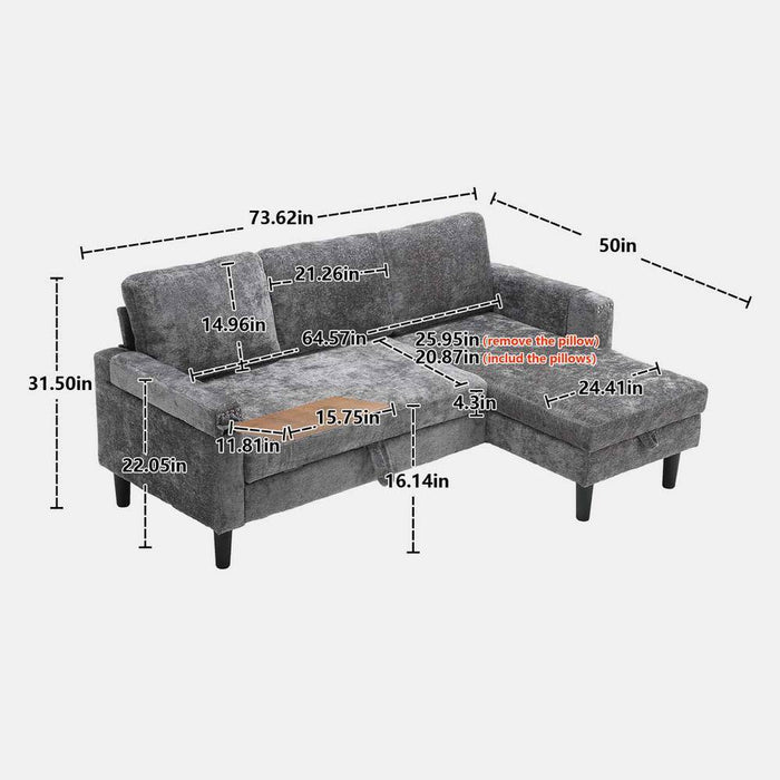 50 In. Chenille L Shaped Modern Sectional Sofa in Gray