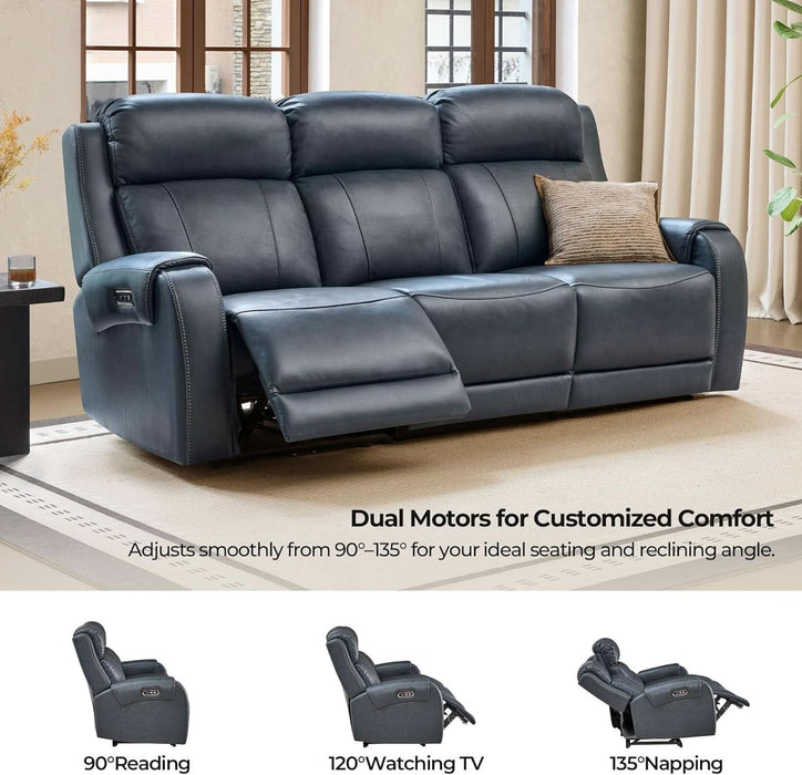 Genuine Leather Power Recliner Sofa, Wall Hugger Reclining Sofa with Power Headrest, Dual Motor, USB Charging Ports, Recliner Couch for Living Room, RV, Leather in Navy