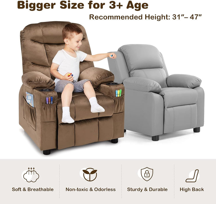 Kids Recliner Chair with Cup Holder, Adjustable Velvet Lounge Chair W/Footrest & Side Pockets for Children Boys Girls Room, Ergonomic Toddler Furniture Sofa, Kids Recliner (Brown)