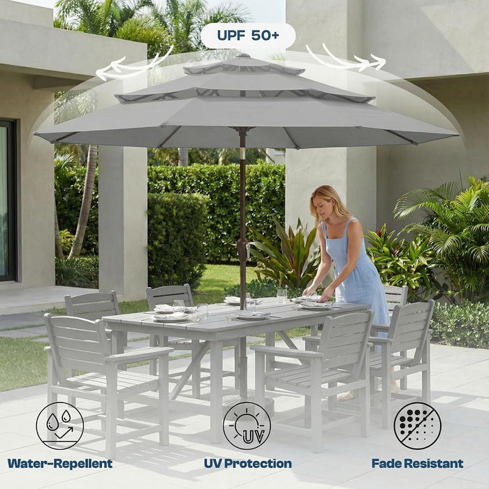 10Ft Patio Umbrella, 3 Tier Outdoor Market Table Umbrellas with 8 Fiberglass Ribs and Push Button Tilt, Windproof, Vented Canopy, UV Protection for Deck, Pool, Backyard