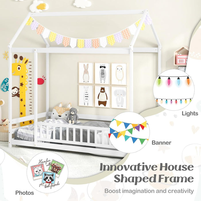 Twin SolidPine Montessori Floorbed White With Roof