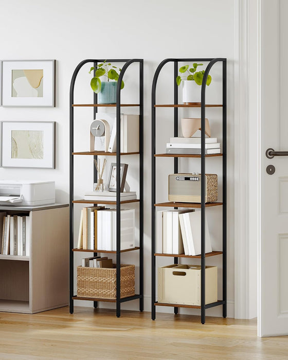 Narrow Bookshelf Five Tier Steel Frame WalnutFinish