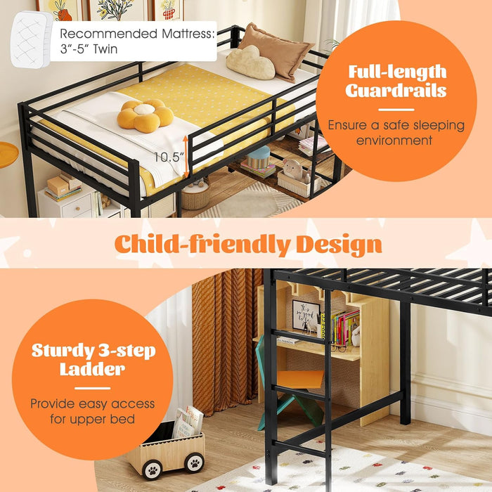 Low Loft Bed Twin Size, Heavy Duty Metal Frame W/Storage Shelves, Ladder & Full-Length Guardrails, Ample Under-Bed Space, Kids Loft Bed with Stairs for Boys Girls Junior, No Box Spring Needed