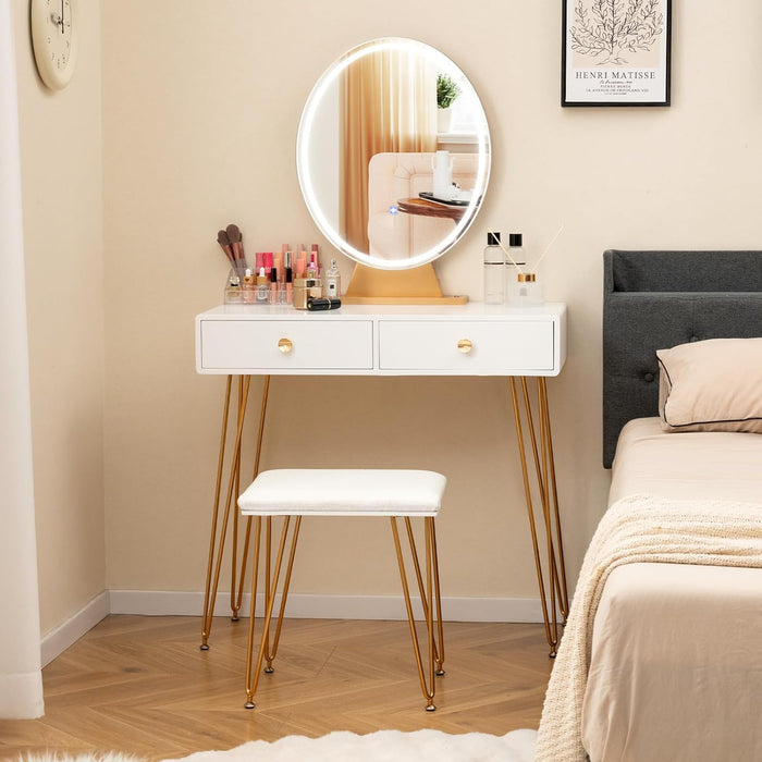 Makeup Vanity Table with Lighted Mirror, Vanity Desk with 2 Large Drawers, Adjustable 3 Lighting Modes, Modern Girls Bedroom Vanity Table with Chair for Small Spaces, White & Gold