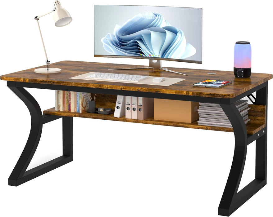 Computer Desk, 47 X 20 Inch Computer Desk, Office Desk W/Storage, Large Legroom, Sturdy Metal Frame, Home Office Desks for Gaming Study Writing Work, Waterproof, Scratch-Resistant, Rustic Brown