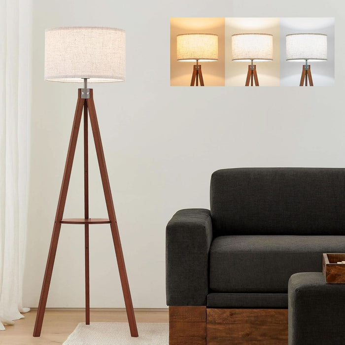 Mid Century Floor Lamp with 3 Color Temperatures LED Bulb, Modern Wood Tripod Table Reading Standing Light, Wooden Shelf Floor Lamp for Farmhouse Living Room Bedroom Office Linen Shade Brown