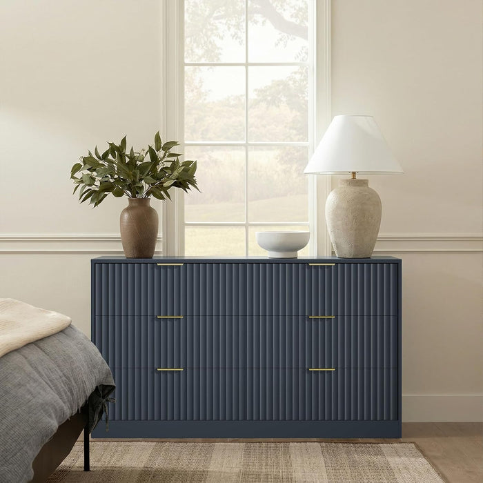 Navy Blue 6 Drawer Dresser for Bedroom, 55" Wide Fluted Chest of Drawers with Gold Metal Handles, Wood Dresser Storage Organizer Mid Century TV Stand for Living Room Closet Hallway