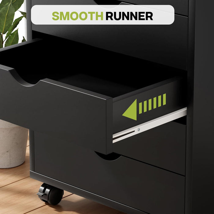 5 Drawer Mobile File Cabinet under Desk Storage Organization with Wheels Vertical Filing Chest Rolling Wood Small Desk Printer Stand for Home Office, Black