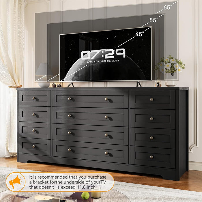 12-Drawer Dresser, Modern Wooden Storage Chest of Drawers, Wide Dresser TV Stand for 65 Inch TV, Large Wood Drawer Organizer for Bedroom, Living Room, Hallway, Black
