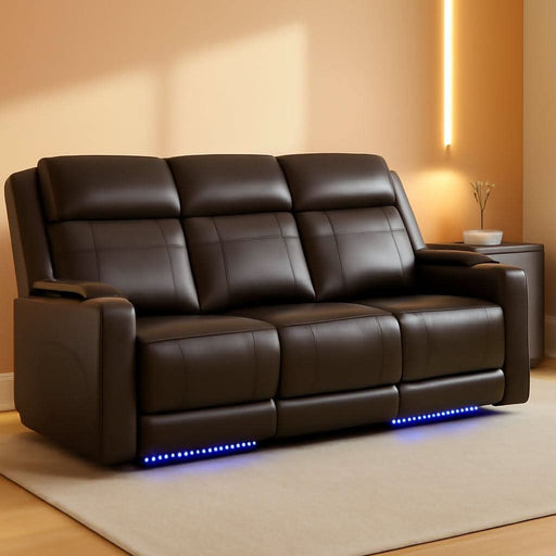 Power Recliner Sofa with Adjustable Headrest, Electric Reclining Couch with LED Light/Armrest Storage, USB & Type-C, Power Loveseat Recliner Sofa for Living Room, Bedroom(Brown, 3 Seater)