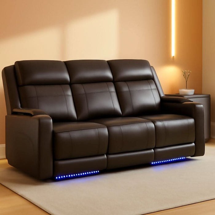 Power Recliner Sofa with Adjustable Headrest, Electric Reclining Couch with LED Light/Armrest Storage, USB & Type-C, Power Loveseat Recliner Sofa for Living Room, Bedroom(Brown, 3 Seater)