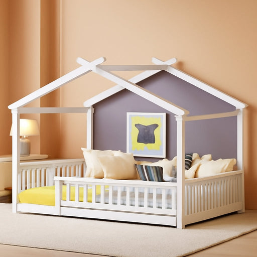 Queen House Floor Bed White MontessoriPlayhouse Fence