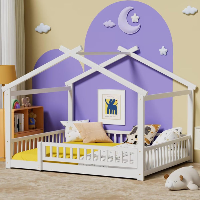 Queen House Floor Bed White MontessoriPlayhouse Fence