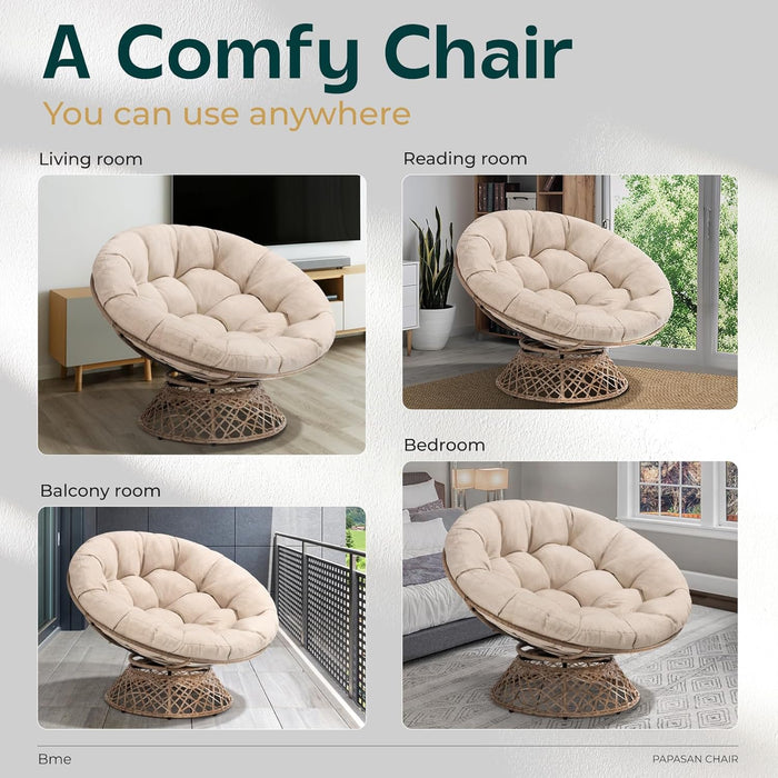 Metal Oversized Swivel Papasan Chair, Living Room Chair with Beige Cushion, Brown Frame, 360° Swivel, Skillfully Woven Resin Wicker, 46 Inch Wide, Bee-Designed Base, Modern Style, Indoor Use
