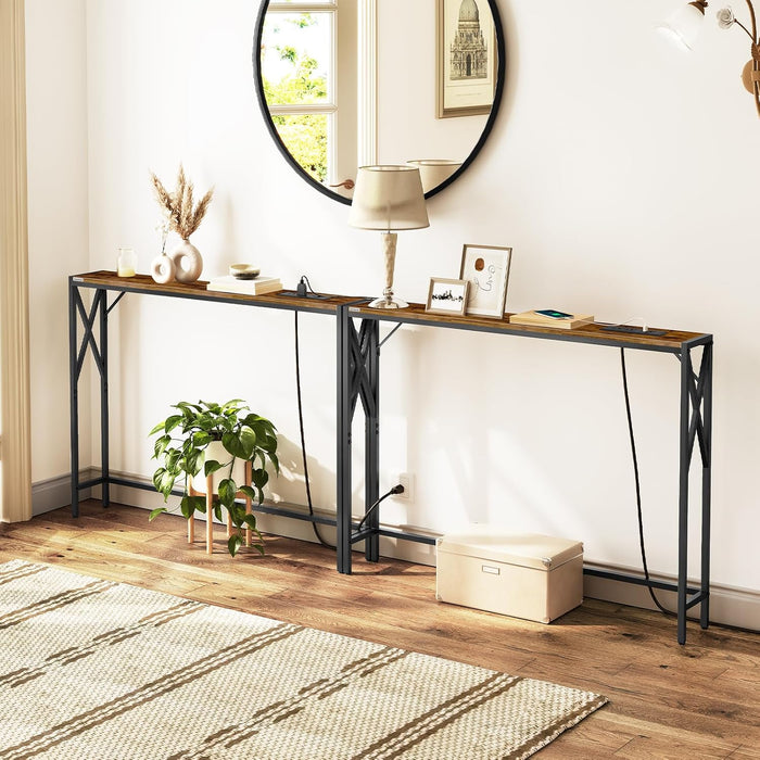 78.7'' Narrow Sofa Table with Charging Station, 2 Pack Skinny Console Table, Slim Entryway Hallway Couch Table, for Entrance, Foyer, Living Room, Hallway, Rustic Brown CTHR151E01S2