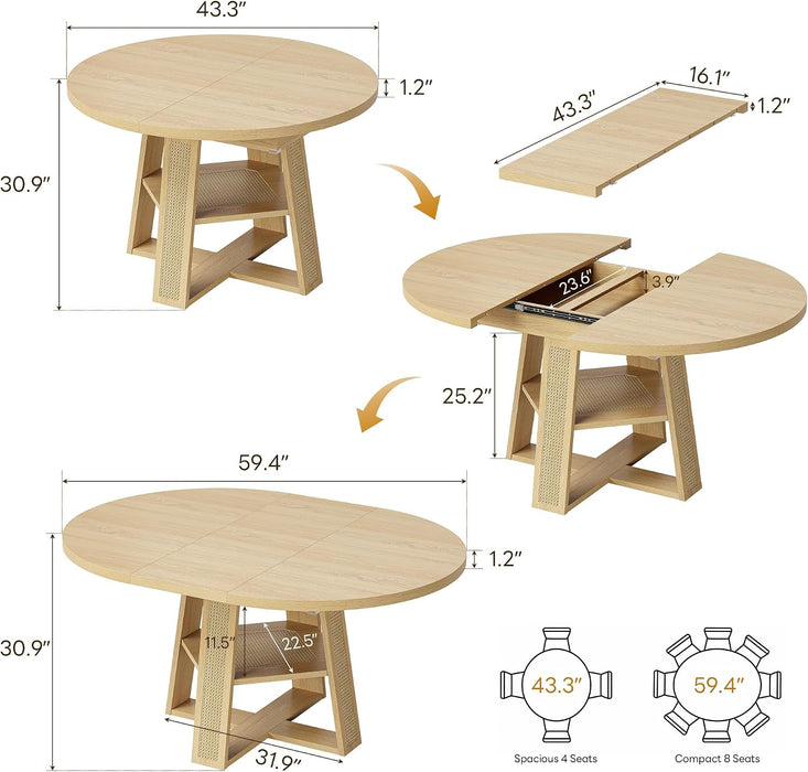 Dining Table, 43"-59" Extendable round Table with Storage, Natural