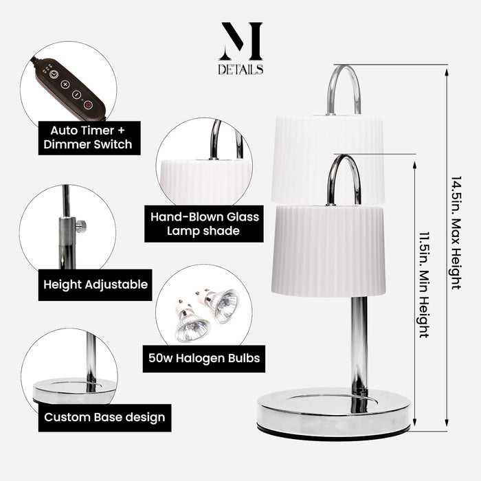Dimmable Glass Candle Warmer Lamp with Timer - Adjustable Height Candle Lamp Warmer with Timer (8H/4H/2H) - Wax Melter - Ideal Gift, Fits Various Size Scented Candles - 02 Bulb - (Silver Chrome)