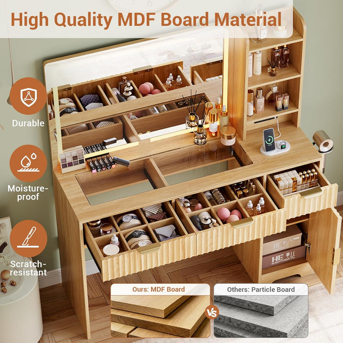 Fluted Makeup Vanity with 35.4" Mirror and Lights, 47.2" Large Makeup Vanity Desk with Stool, Dressing Table Set with Charging Station, 3 Drawers, Adjustable Shelves for Bedroom (Nature Oak)