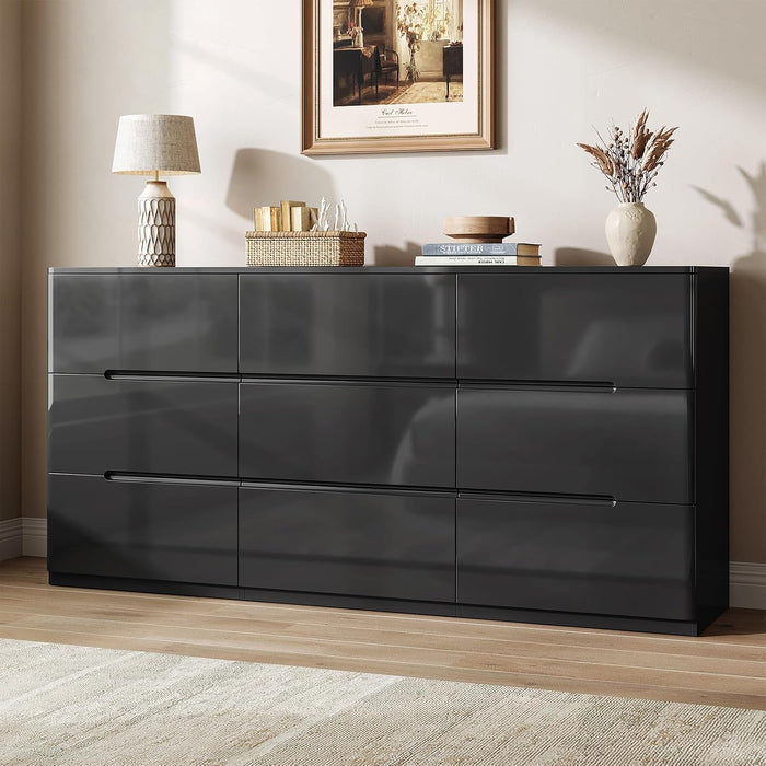 High Gloss Dresser for Bedroom, 60.2" Wide 9 Drawer Dresser, Black