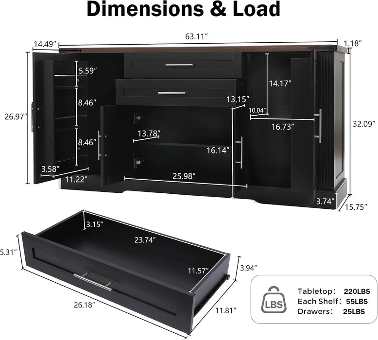 63" Farmhouse Barn Door Sideboard Buffet Cabinet with Storage – 2 Drawers, Adjustable Shelves, Door Rack, Kitchen Buffet, Large Sideboard Buffet Cabinet, Cabinet for Dishes, Black