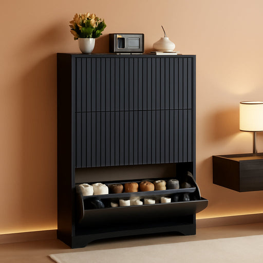 Black Fluted Shoe Cabinet With Adjustable Shelving