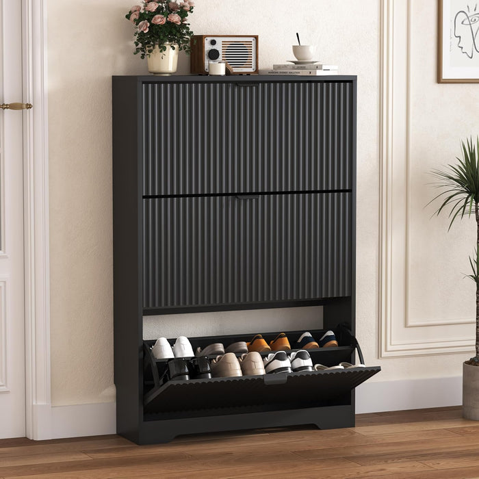 Black Fluted Shoe Cabinet With Adjustable Shelving