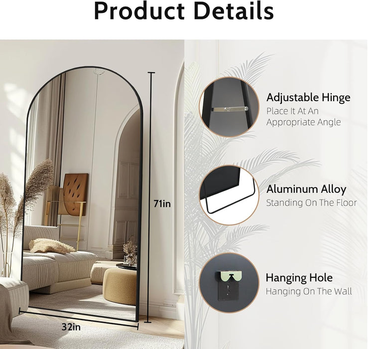 71" X 32" Arched Full Length Mirror, HD Tempered Glass Floor Mirror with Black Aluminum Frame, Standing/Leaning/Wall Mounted Mirror for Bedroom, Dressing Room & Living Room
