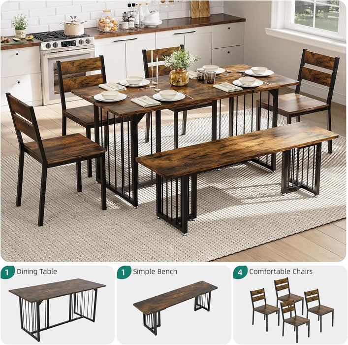 6-Piece Dining Table Set for 6-8 People, 63 Inch Kitchen Table Set with 4 Chairs and 2 Benches, Farmhouse Rectangular Dining Room Table Set for Kitchen Apartment Saving Space, Rustic Brown