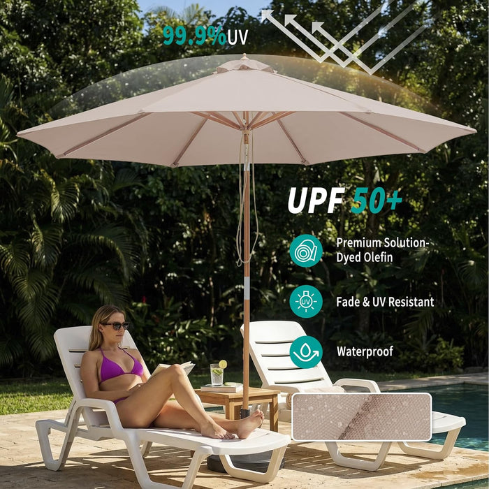 9FT/10FT Bamboo Patio Umbrella, Large Outdoor Umbrella with UPF 50+ Sun Protection, Rope Pulley Lift & Push-Button Tilt, 8-Rib Ventilated Canopy for Garden, Deck, Backyard & Outdoor Dining