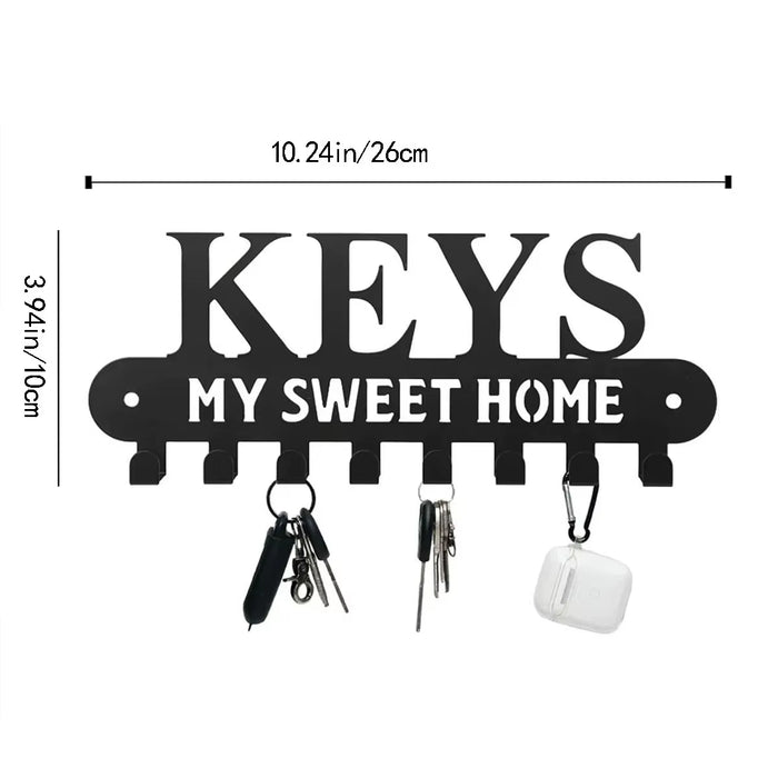 Black Metal Key Holder Hooks: Wall Hanging, Wall-Mounted Coat Rack. Sweet Home Wall Hanger, Iron Art Decor for Front Door