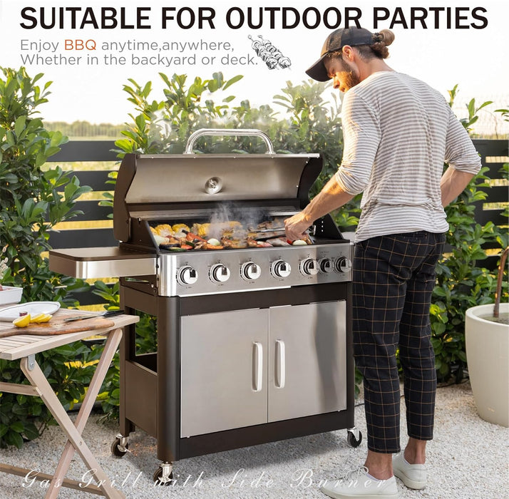 6-Burner Propane Gas BBQ Grill with Side Burner & Porcelain-Enameled Cast Iron Grates, Stainless Steel Barbecue Grills Outdoor Cooking for Outside, 665 SQ.IN. Cooking Area, 65,800BTU
