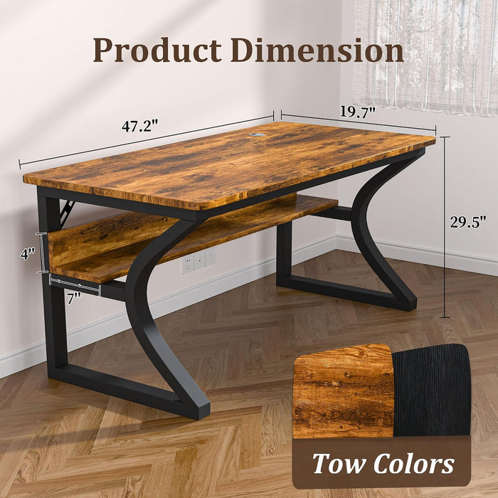 Computer Desk, 47 X 20In Computer Desk, Office Desk W/Storage, Home Office Desks for Gaming Study Writing Work, Sturdy Metal Frame, Large Legroom, Waterproof, Scratch-Resistant, Rustic Brown