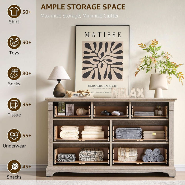 Farmhouse 7 Drawers Dresser for Bedroom, 54" Wide Wood Rustic Chest of Drawers W/Roman Column, Wooden Storage Dressers Organizer for Bedroom, Living Room, Light Rustic Oak