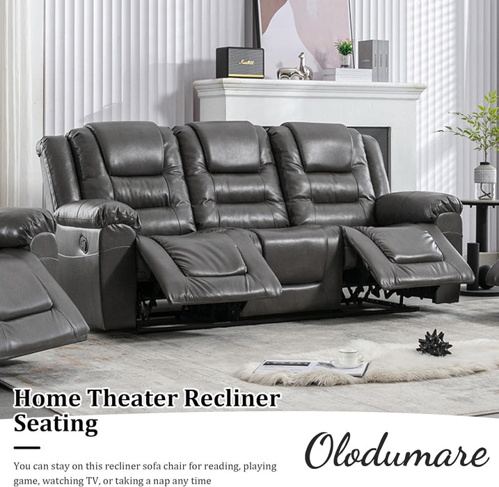 Leather Reclining Sofa Set,Home Theater Seating with Center Console,Flipped Middle Backrest,3 Seater for Living Room,Office,Home Theater,Rv (Grey)