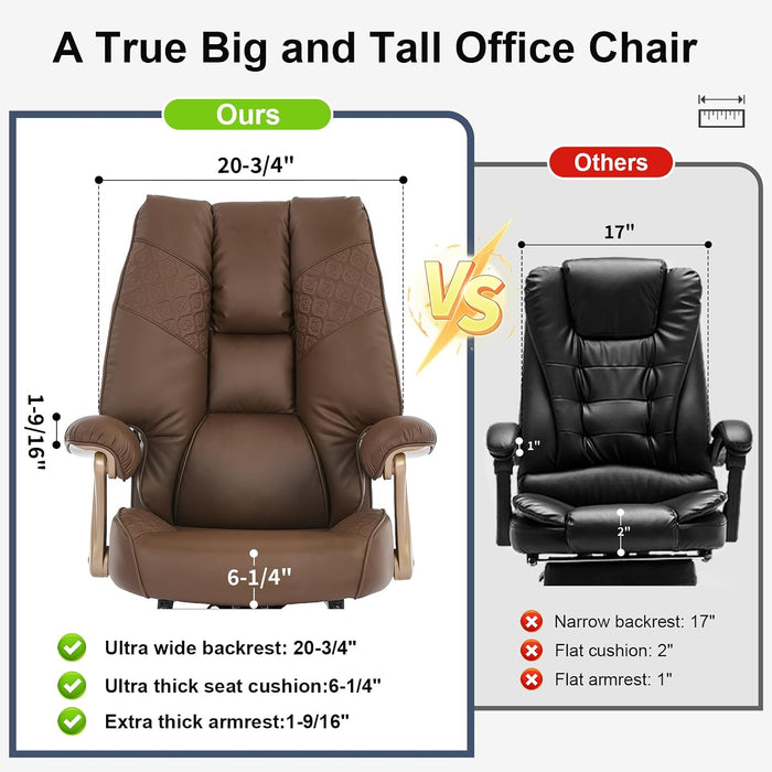 Big and Tall Executive Office Chair with Footrest, 400LBS Capacity Ergonomic High-Back Desk Office Chair with Lumbar Support, Padded Armrests & Thick Cushion, Brown PU Leather Chairs