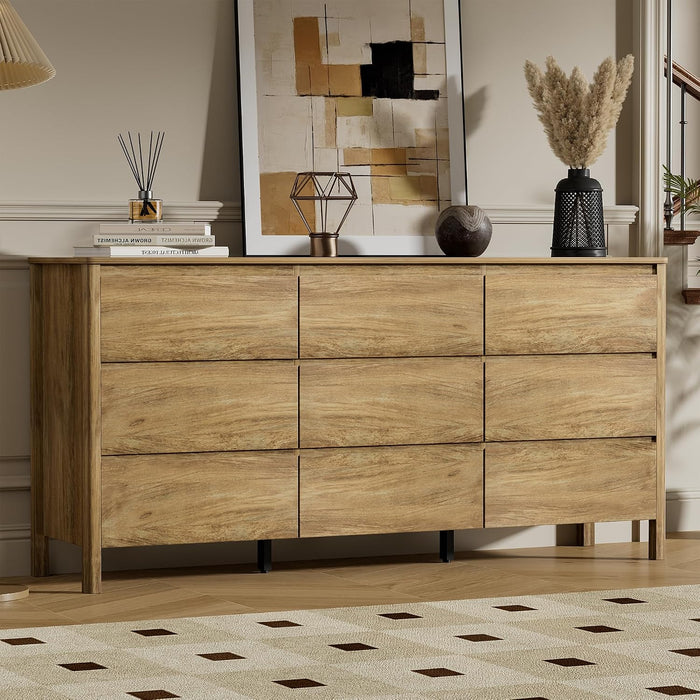 63" Wide 9 Drawer Wood Dresser for Bedroom with Legs, Natural Oak