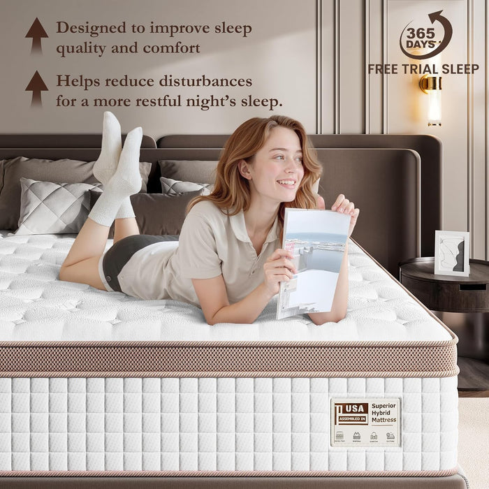 Queen Mattress 14 Inch - Premium Hybrid Mattress in a Box for Back & Lumbar Support, 366 Night Trial, Individual Pocket Spring Bed for Fiberglass-Free & Motion Isolation, Certipur-Us Certified