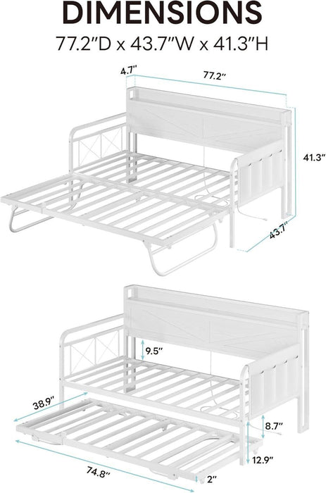 Twin Daybed with Trundle Bed, Storage Headboard with Charging Station, Sofa Day Bed with Strong Supports for Living Room, Bedroom, and Guest Room, White