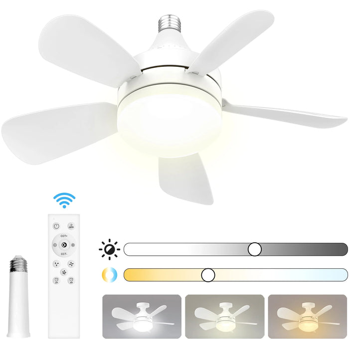 Socket Fan Light 18",  LED Ceiling Fans with Lights and Remote, 2000 Lumens, 3000K-6500K Dimmable, 5 Blades, White