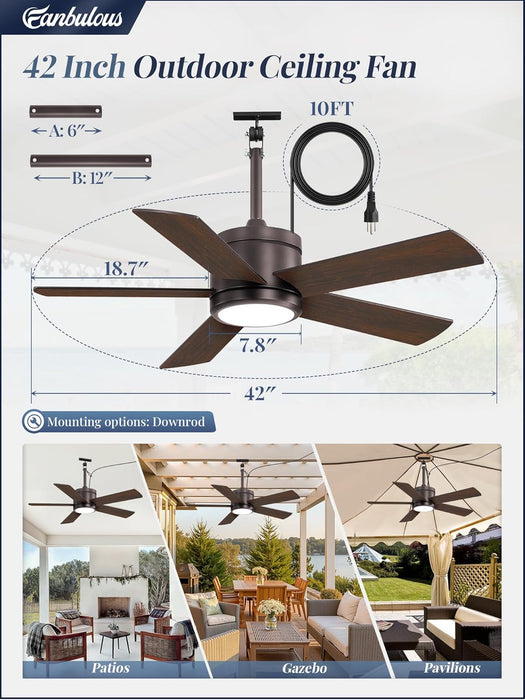42" Outdoor Ceiling Fan with Light and Remote, IP65 Waterproof, Plug-In Design with 10FT Cord, 6-Speeds, 3CCT, Hook Hanging Fan for Gazebo Patio Porch Garage Canopy(Oil Bronze)
