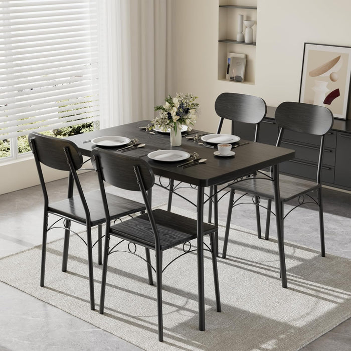 Dining Table Set for 4, 5-Piece Kitchen Table with 4 Chairs, MDF Board Tabletop with Metal Frame for Small Space, Compact Dinette, Breakfast Nook, Black