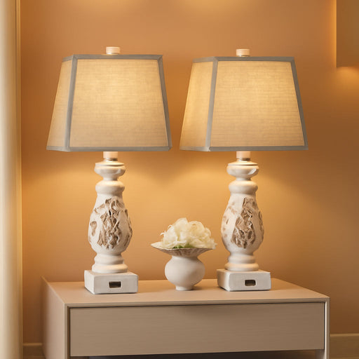 29" Table Lamps Set of 2, Bedside Lamps with USB A+C Ports & Night Light, Farmhouse Nightstand Lamps with Linen Fabric Shades for Bedroom Living Room, Antique White (LED Bulbs Included)