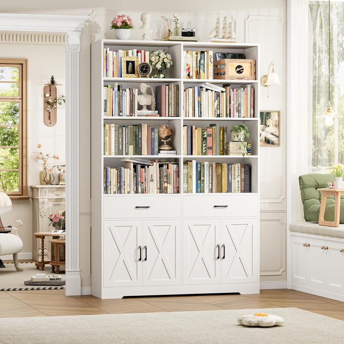 78" Tall Bookshelf with Doors, Double Wide Bookshelf with Storage Drawers, Large Bookcase with Cabinet and 8 Open Display Shelves, Farmhouse Wood Bookcase Book Shelf for Living Room, White