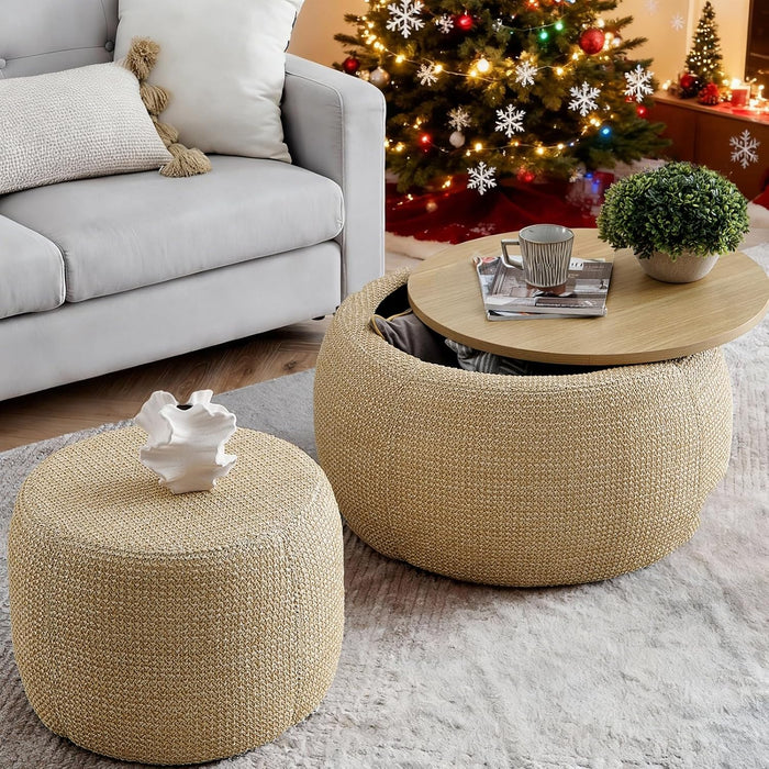 Round Storage Ottoman Set of 2 with Removable Tray 25 Inch Large Upholstered Footstool, Perfect as a Bedside Bench for Living Room or Bedroom (Naturai)