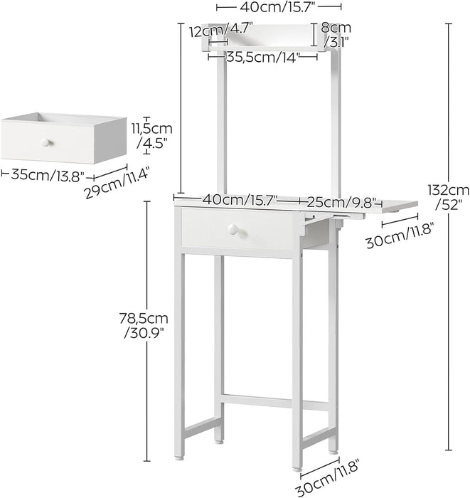 Small Vanity Desk without Mirror, Makeup Vanity Table for Small Space, Compact White Dressing Table with Fold-Up Panel and Fabric Drawer, for Bedroom, Easy Assembly, White