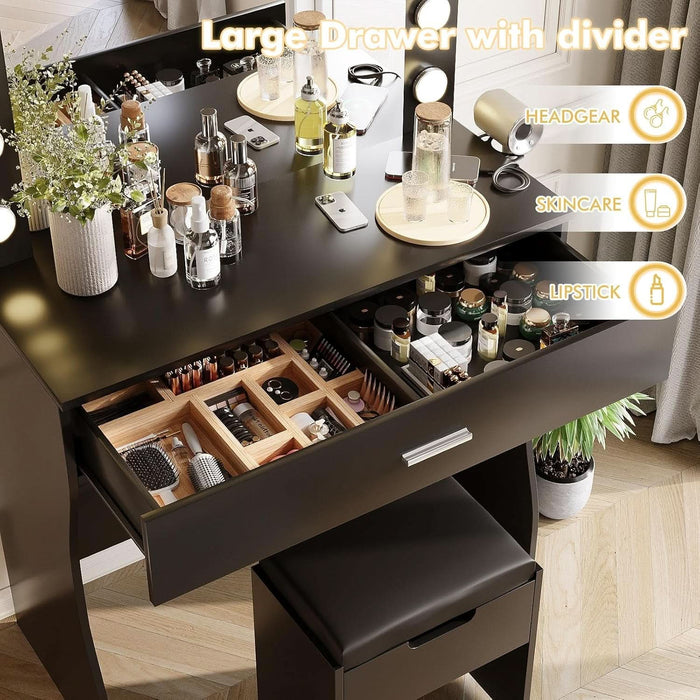 Vanity Table Set with 12 Light Bulbs, Makeup Dressing Table with Big Drawer & Mirror, Dresser Desk for Bedroom, Living Room Black