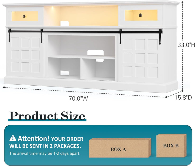 TV Stand for 80 Inch Tvs, LED Entertainment Center with Power Outlet, Farmhouse TV Stand W/Drawers & Sliding Barn Door, Media Console with Storage Cabinets for Living Room, White&Brown